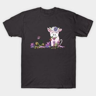 kawaii cow chewing pretty flowers T-Shirt